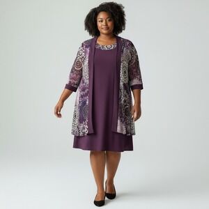 R&M Richards Womens 2PC Dress Set Plum Purple Mandala Jacket Set Plus Size